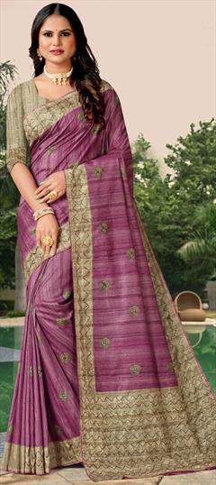 Traditional, Wedding Purple and Violet color Saree in Tussar Silk fabric with South Embroidered, Printed, Thread work : 1921921