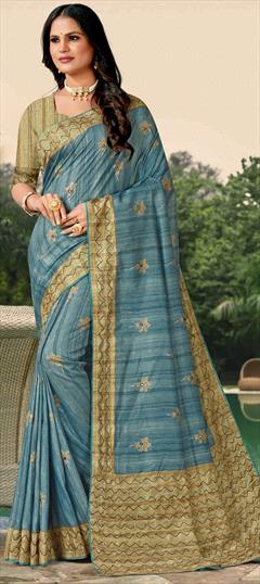 Traditional, Wedding Blue color Saree in Tussar Silk fabric with South Embroidered, Printed, Thread work : 1921924