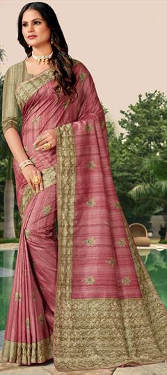Traditional, Wedding Pink and Majenta color Saree in Tussar Silk fabric with South Embroidered, Printed, Thread work : 1921925