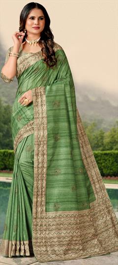 Traditional, Wedding Green color Saree in Tussar Silk fabric with South Embroidered, Printed, Thread work : 1921926