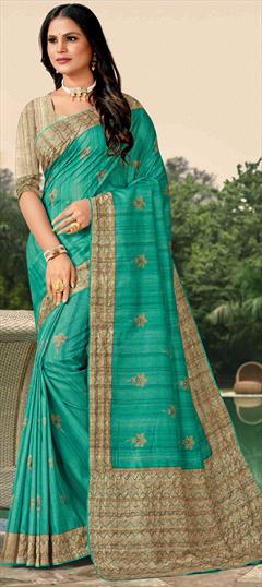 Traditional, Wedding Blue color Saree in Tussar Silk fabric with South Embroidered, Printed, Thread work : 1921928