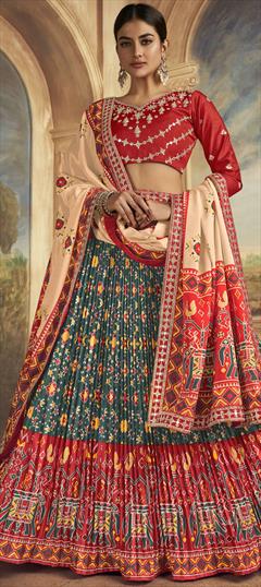 Festive, Mehendi Sangeet, Wedding Blue, Red and Maroon color Long Lehenga Choli in Silk fabric with Flared Printed work : 1921983