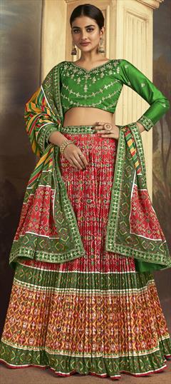 Festive, Mehendi Sangeet, Wedding Beige and Brown, Red and Maroon color Long Lehenga Choli in Silk fabric with Flared Printed work : 1921984