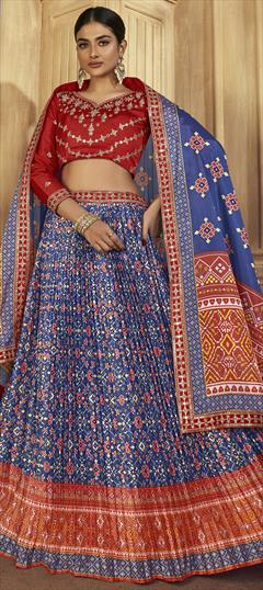 Festive, Mehendi Sangeet, Wedding Blue color Long Lehenga Choli in Silk fabric with Flared Printed work : 1921985