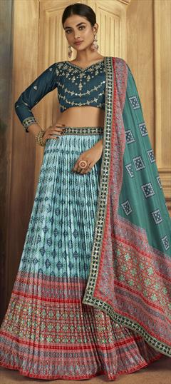 Festive, Mehendi Sangeet, Wedding Blue, Pink and Majenta color Long Lehenga Choli in Silk fabric with Flared Printed work : 1921988