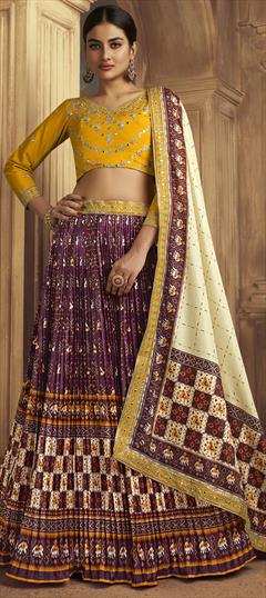 Festive, Mehendi Sangeet, Wedding Purple and Violet, White and Off White color Long Lehenga Choli in Silk fabric with Flared Printed work : 1921991