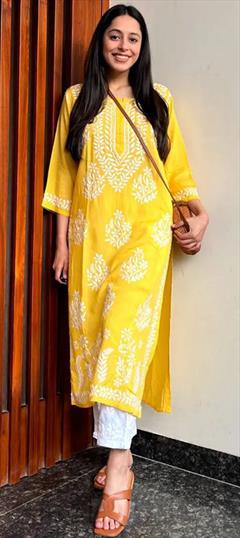 Party Wear Yellow color Salwar Kameez in Rayon fabric with Straight Embroidered work : 1922051
