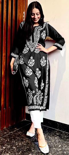 Party Wear Black and Grey color Salwar Kameez in Rayon fabric with Straight Embroidered work : 1922055
