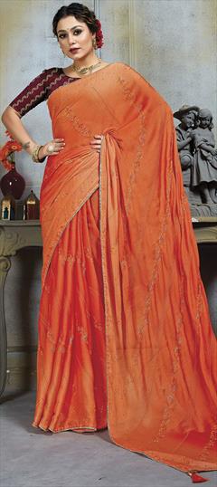 Festive, Reception Orange color Saree in Chiffon fabric with Classic Embroidered, Thread work : 1922195