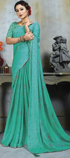 Festive, Reception Green color Saree in Chiffon fabric with Classic Embroidered, Thread work : 1922197