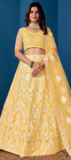 Festive, Reception, Wedding Yellow color Lehenga in Net fabric with Flared Border, Embroidered, Sequence, Thread work : 1922273