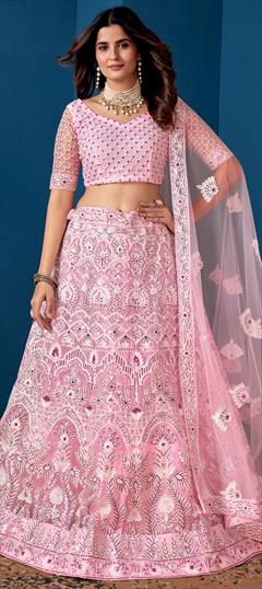 Festive, Reception, Wedding Pink and Majenta color Lehenga in Net fabric with Flared Border, Embroidered, Sequence, Thread work : 1922284