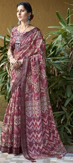 Festive, Traditional Pink and Majenta color Saree in Linen fabric with Bengali Digital Print work : 1922302