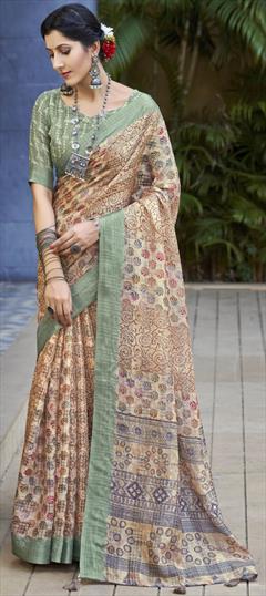 Festive, Traditional Beige and Brown color Saree in Linen fabric with Bengali Digital Print work : 1922312