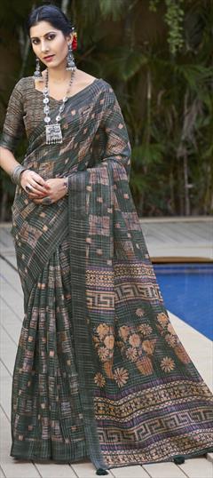 Festive, Traditional Green color Saree in Linen fabric with Bengali Digital Print work : 1922314