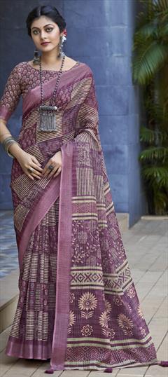 Festive, Traditional Multicolor color Saree in Linen fabric with Bengali Digital Print work : 1922316