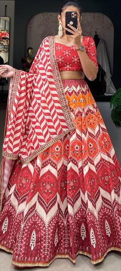 Festive, Party Wear Red and Maroon color Lehenga in Art Silk, Silk fabric with Flared Printed work : 1922353