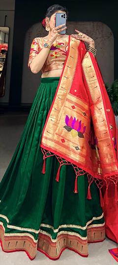 Party Wear, Wedding Green color Lehenga in Art Silk fabric with Flared Border work : 1922356
