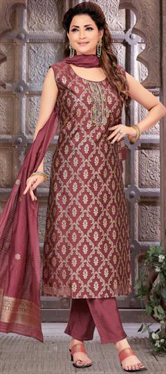 Festive, Party Wear, Reception Purple and Violet color Salwar Kameez in Brocade fabric with Straight Bugle Beads, Thread, Weaving work : 1922390