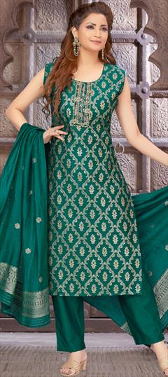 Festive, Party Wear, Reception Blue color Salwar Kameez in Brocade fabric with Straight Bugle Beads, Thread, Weaving work : 1922391