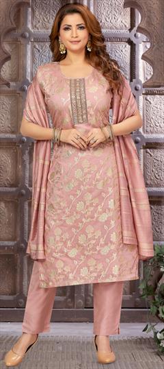 Festive, Party Wear, Reception Pink and Majenta color Salwar Kameez in Brocade fabric with Straight Mirror, Thread, Weaving work : 1922393