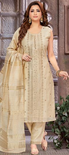 Festive, Party Wear, Reception Beige and Brown color Salwar Kameez in Tissue fabric with Straight Bugle Beads, Weaving work : 1922394
