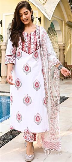 Party Wear, Reception White and Off White color Salwar Kameez in Cotton fabric with Straight Printed work : 1922403