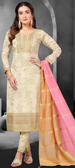 Mehendi Sangeet, Reception, Wedding Beige and Brown color Salwar Kameez in Silk fabric with Straight Embroidered, Mirror, Sequence, Thread, Zari work : 1922426
