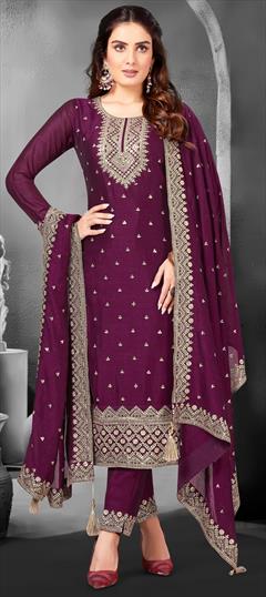 Mehendi Sangeet, Reception, Wedding Purple and Violet color Salwar Kameez in Silk fabric with Straight Embroidered, Sequence, Thread, Zari work : 1922429
