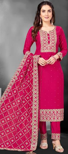 Mehendi Sangeet, Reception, Wedding Pink and Majenta color Salwar Kameez in Silk fabric with Straight Embroidered, Sequence, Thread, Zari work : 1922432