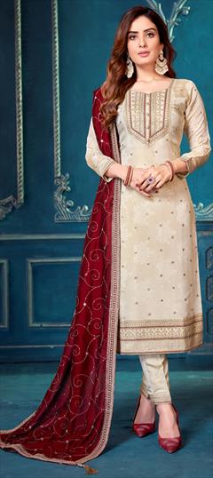 Mehendi Sangeet, Reception, Wedding Beige and Brown color Salwar Kameez in Silk fabric with Straight Embroidered, Sequence, Thread, Zari work : 1922435