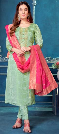 Mehendi Sangeet, Reception, Wedding Green color Salwar Kameez in Silk fabric with Straight Embroidered, Resham, Sequence, Thread, Zari work : 1922439