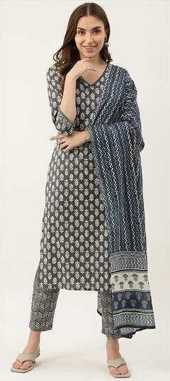 Festive, Party Wear, Reception Black and Grey color Salwar Kameez in Cotton fabric with Straight Printed work : 1922452