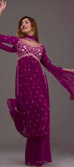 Festive, Mehendi Sangeet, Reception Purple and Violet color Salwar Kameez in Georgette fabric with Palazzo, Straight Embroidered, Resham, Sequence, Thread work : 1922455