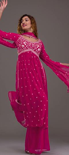 Festive, Mehendi Sangeet, Reception Pink and Majenta color Salwar Kameez in Georgette fabric with Palazzo, Straight Embroidered, Resham, Sequence, Thread work : 1922457