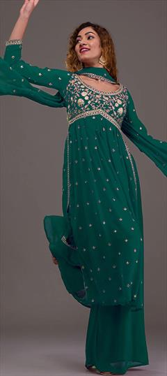 Festive, Mehendi Sangeet, Reception Green color Salwar Kameez in Georgette fabric with Palazzo, Straight Embroidered, Resham, Sequence, Thread work : 1922459