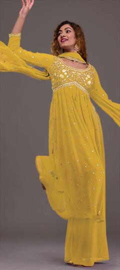 Festive, Mehendi Sangeet, Reception Yellow color Salwar Kameez in Georgette fabric with Palazzo, Straight Embroidered, Resham, Sequence, Thread work : 1922461