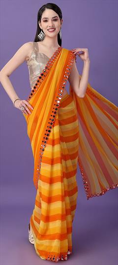 Festive, Party Wear Yellow color Saree in Georgette fabric with Classic, Rajasthani Lehariya, Mirror, Printed work : 1922485