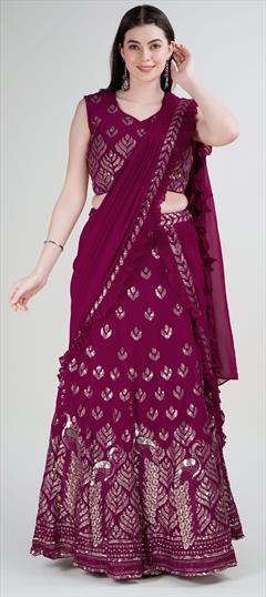 Casual, Mehendi Sangeet, Wedding Purple and Violet color Readymade Saree in Georgette fabric with Classic Embroidered, Sequence, Thread work : 1922487