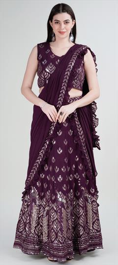 Bridal, Mehendi Sangeet, Wedding Purple and Violet color Readymade Saree in Georgette fabric with Classic Embroidered, Sequence, Thread work : 1922489