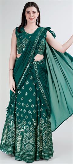 Bridal, Mehendi Sangeet, Wedding Green color Readymade Saree in Georgette fabric with Classic Embroidered, Sequence, Thread work : 1922490