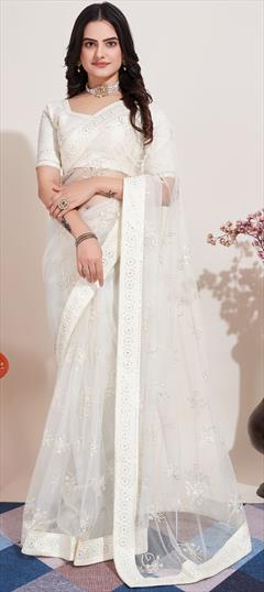 Engagement, Festive, Reception White and Off White color Saree in Net fabric with Classic Border, Embroidered, Sequence, Thread work : 1922491