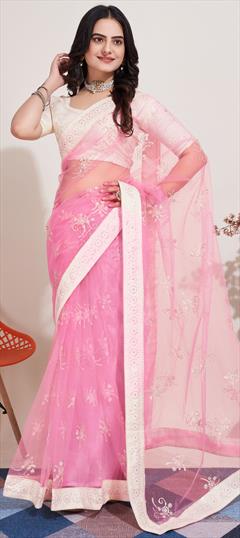 Engagement, Festive, Reception Pink and Majenta color Saree in Net fabric with Classic Border, Embroidered, Sequence, Thread work : 1922492