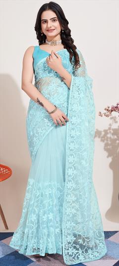 Festive, Party Wear, Reception Blue color Saree in Net fabric with Classic Embroidered, Resham, Thread work : 1922512