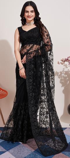 Festive, Party Wear, Reception Black and Grey color Saree in Net fabric with Classic Embroidered, Resham, Thread work : 1922514
