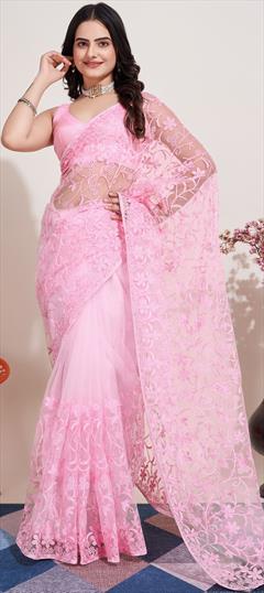 Festive, Party Wear, Reception Pink and Majenta color Saree in Net fabric with Classic Embroidered, Resham, Thread work : 1922522