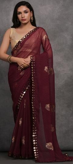 Festive, Party Wear Red and Maroon color Saree in Georgette fabric with Classic Foil Print, Mirror work : 1922550