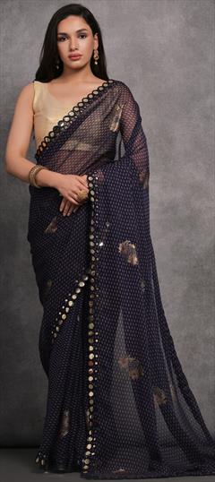 Festive, Party Wear Blue color Saree in Georgette fabric with Classic Foil Print, Mirror work : 1922556