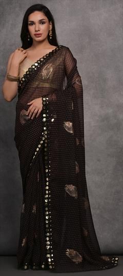 Festive, Party Wear Black and Grey color Saree in Georgette fabric with Classic Foil Print, Mirror work : 1922557