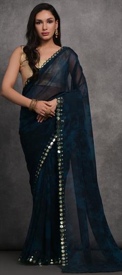 Festive, Party Wear Blue color Saree in Faux Georgette fabric with Classic Mirror, Printed work : 1922570